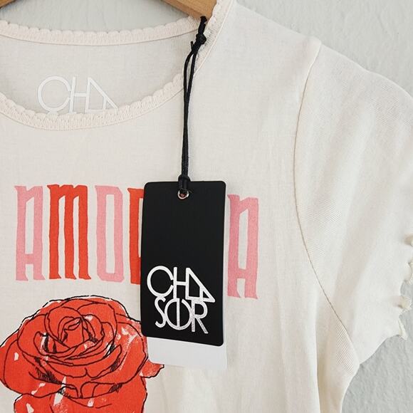 Chaser NWT Vida Amorosa Graphic Baby Tee Cropped Cotton Lettuce Edge Y2K - Picture 6 of 9